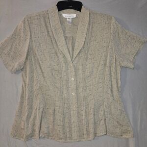 Jones New York Blouse 14W Women Beige Silk Short Sleeve Pleated Shawl Collar
